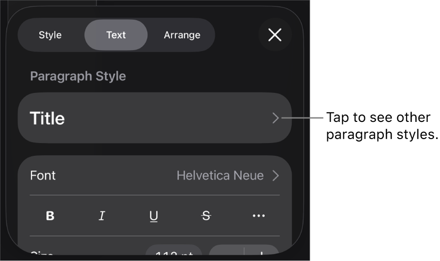 The Format menu showing text controls for setting paragraph and character styles, font, size and colour.
