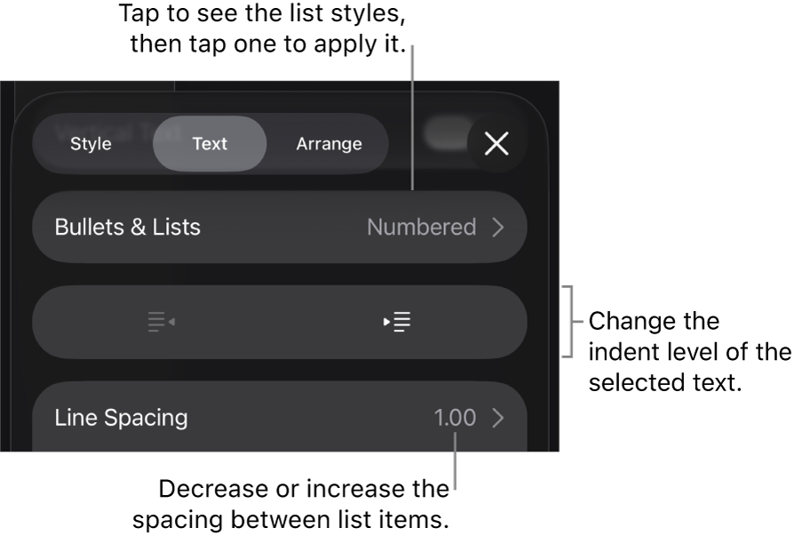 The Bullets & Lists section of the Format controls with callouts to Bullets & Lists, outdent and indent buttons, and line spacing controls.