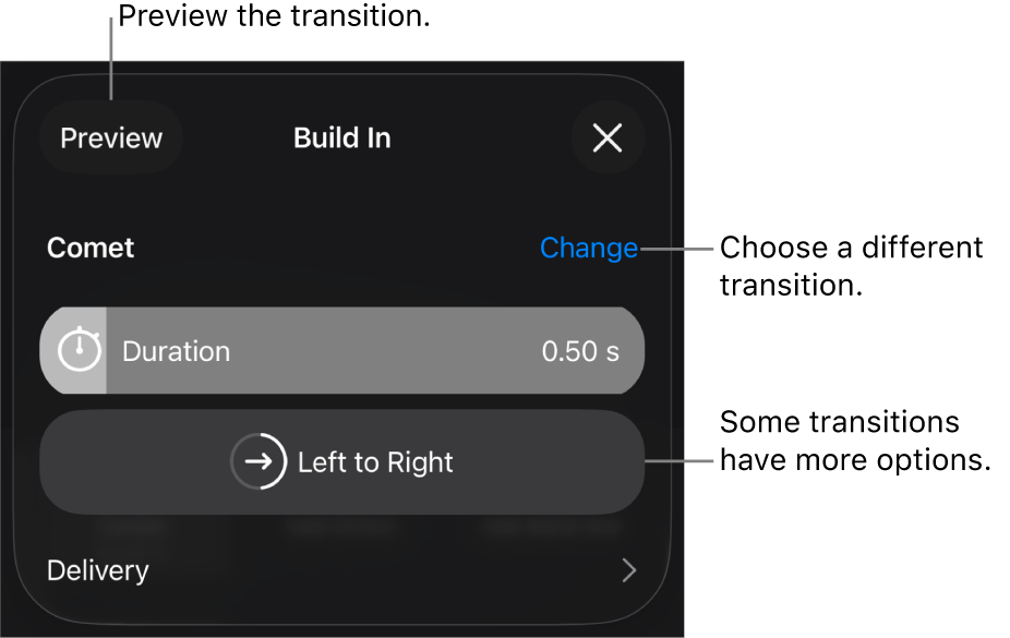 Controls in the Options pane for modifying a transition.