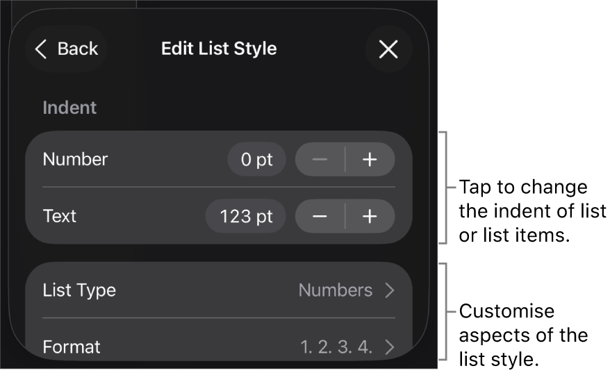 Edit List Style menu with controls for editing the list’s type and appearance.