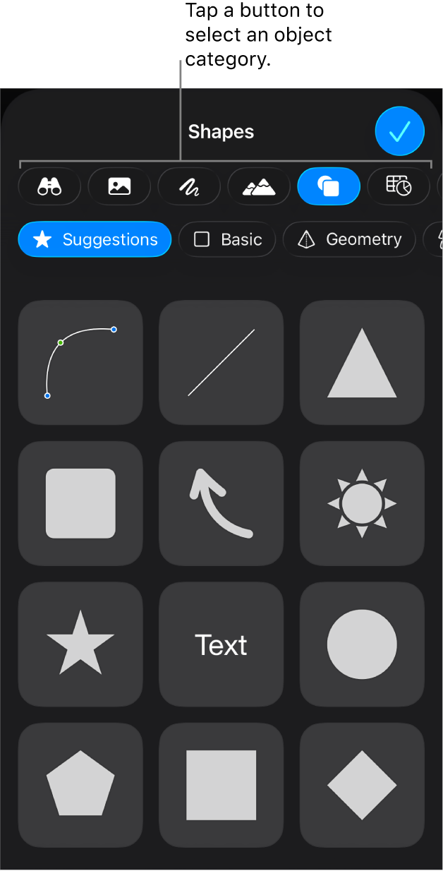 The controls for adding an object, with buttons at the top to choose tables, charts, shapes (including lines and text boxes), and media.