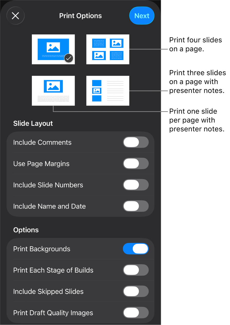 Print layout options.