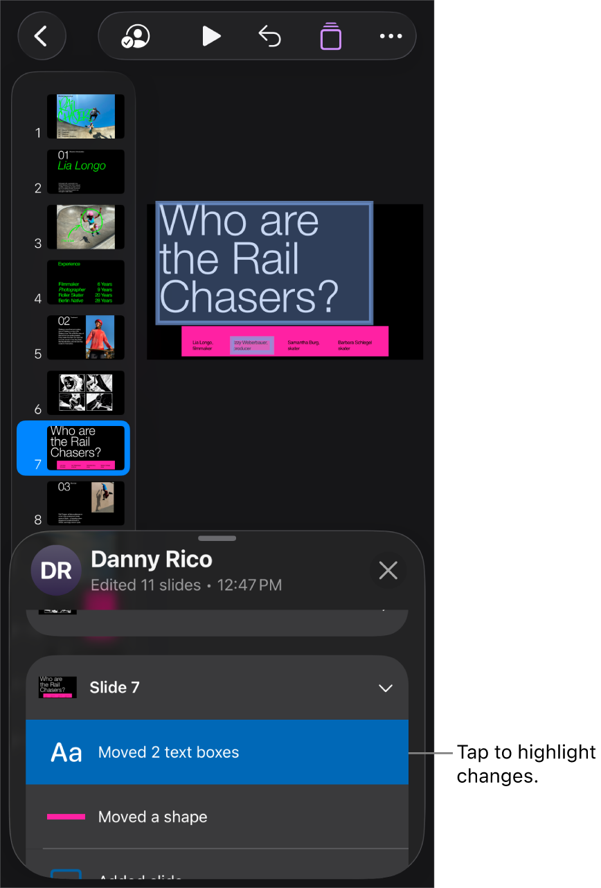 A collaborative presentation with the collaboration menu and activity list both open.