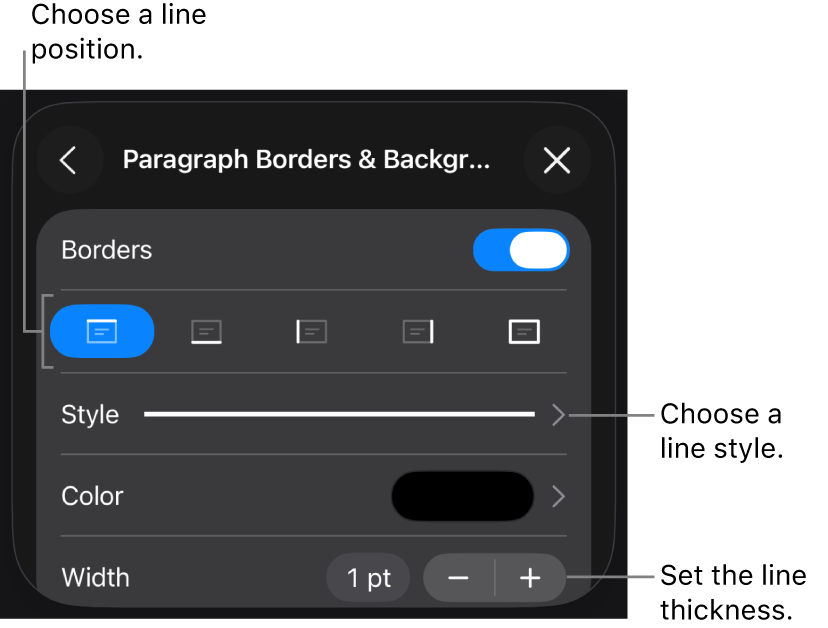 Controls to change the line style, thickness, position, and color.