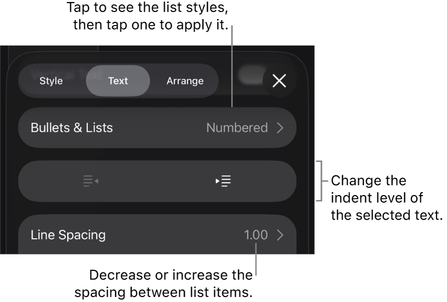 The Bullets & Lists section of the Format controls with callouts to Bullets & Lists, outdent and indent buttons, and line spacing controls.