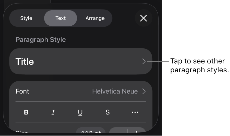 The Format menu showing text controls for setting paragraph and character styles, font, size, and color.