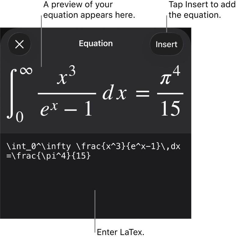 The Equation dialogue, showing an equation written using LaTex commands, and a preview of the formula above.