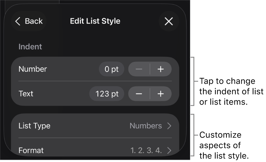 Edit List Style menu with controls for editing the list’s type and appearance.