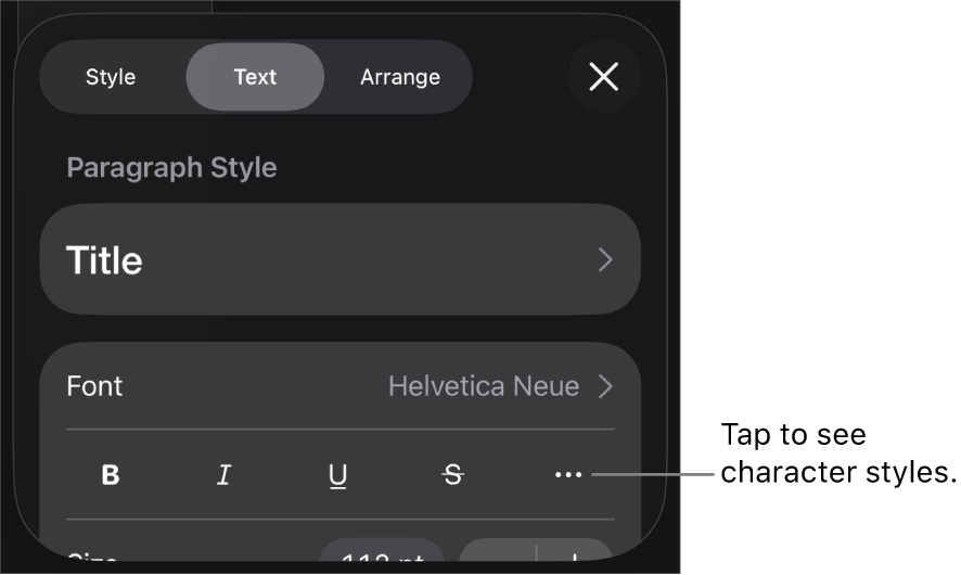 The Format controls with paragraph styles at the top, then Font controls. Below Font are the Bold, Italic, Underline, Strikethrough, and More Text Options buttons.