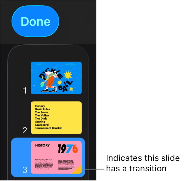 A yellow triangle on a slide indicates the slide has a transition.