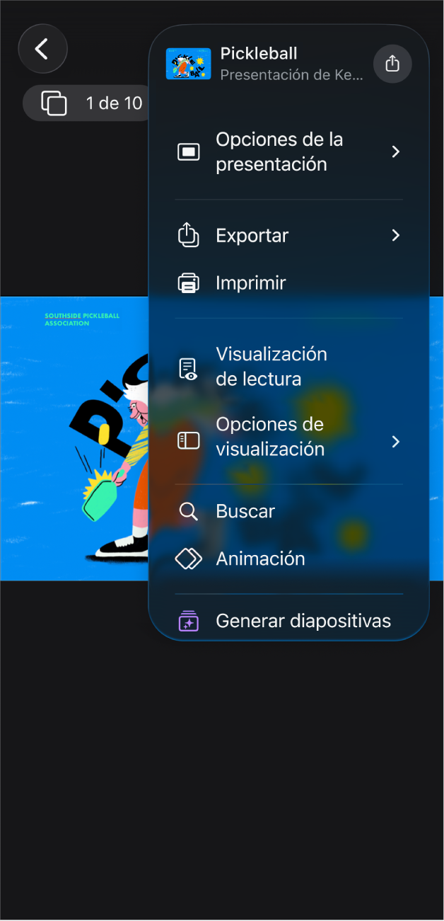 La app Keynote con las opciones Exportar abiertas en el menú Más en la barra lateral.