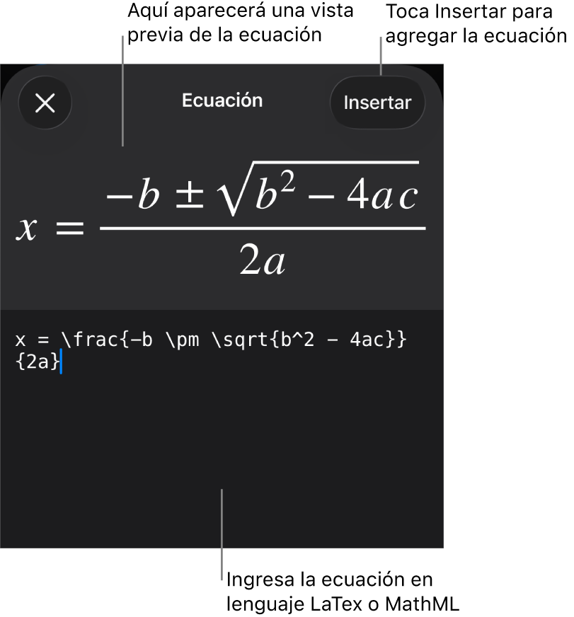 El cuadro de diálogo Ecuación con una ecuación escrita con comandos de MathML y una vista previa de la fórmula encima.