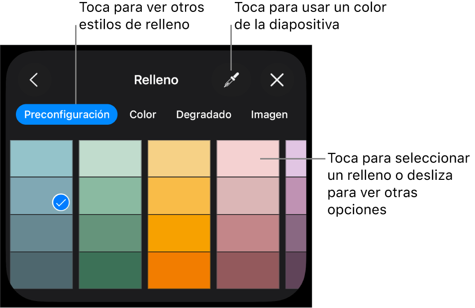 Opciones de relleno en la pestaña Estilo.