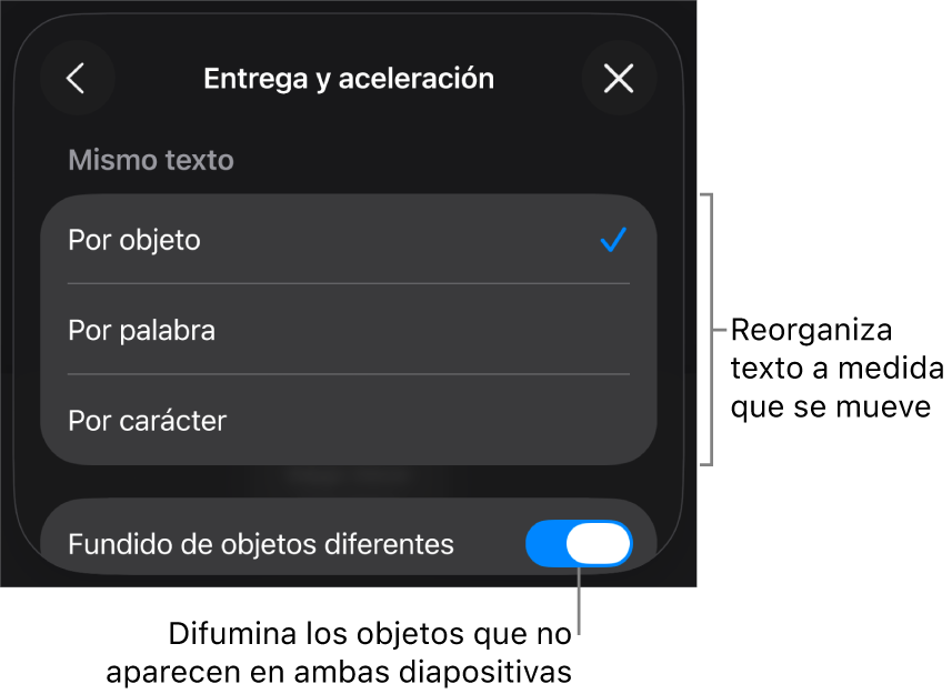 Opciones Entrega y Aceleración de Movimiento mágico en el panel Aceleración.