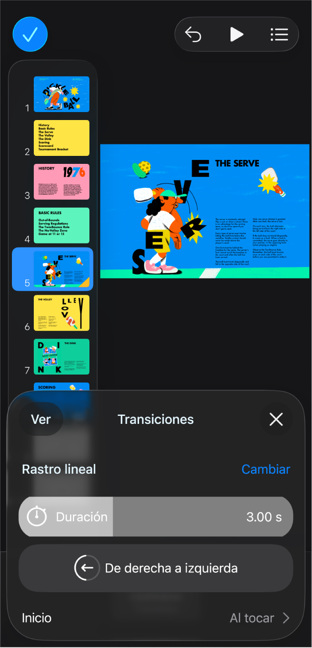 La app Keynote con una diapositiva seleccionada en el navegador de diapositivas en la parte izquierda de la pantalla. El botón Transición aparece en el menú a la derecha de la diapositiva seleccionada.