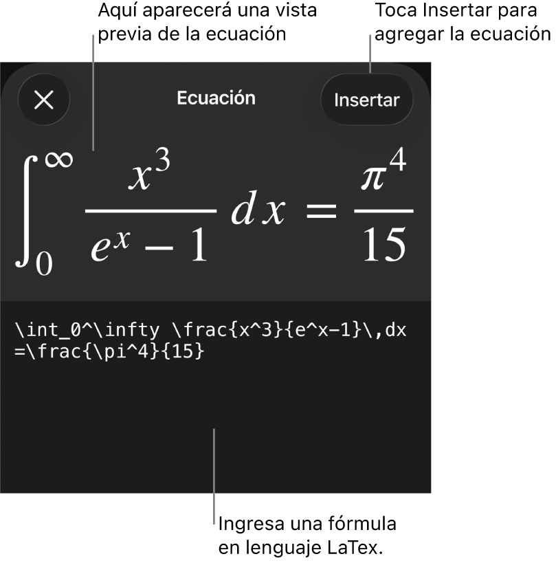 El cuadro de diálogo Ecuación con una ecuación escrita con comandos de LaTeX y una vista previa de la fórmula encima.