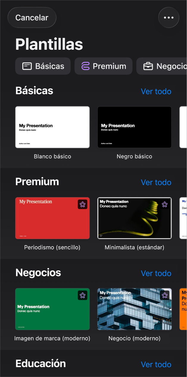 El selector de plantilla muestra una fila de categorías a lo largo de la parte superior en las que puedes tocar para filtrar las opciones. En la parte inferior, organizadas en filas por categoría, aparecen miniaturas de las plantillas prediseñadas, comenzando con la categoría Básica en la parte superior, seguida por las categorías Mínima y Negrita. En la parte superior derecha de cada fila de categoría aparece un botón Ver todo. El botón Cancelar se encuentra en la esquina superior derecha.