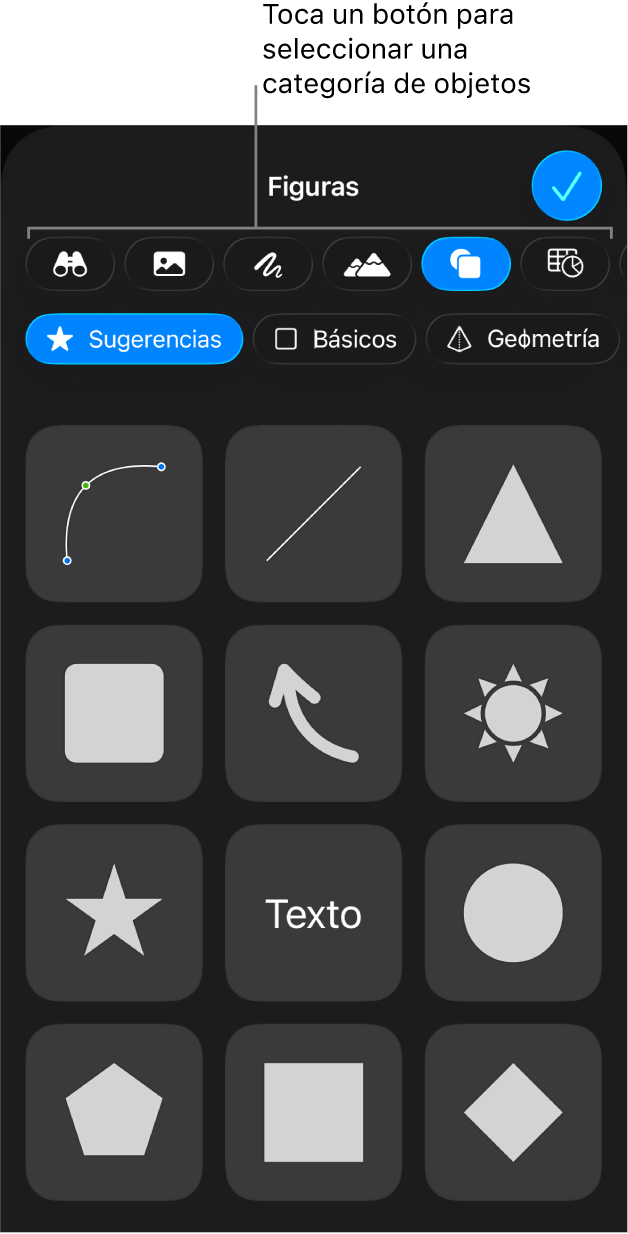 Los controles para agregar un objeto, con botones en la parte superior para seleccionar tablas, gráficas, figuras (líneas y cuadros de texto incluidos) y contenidos.