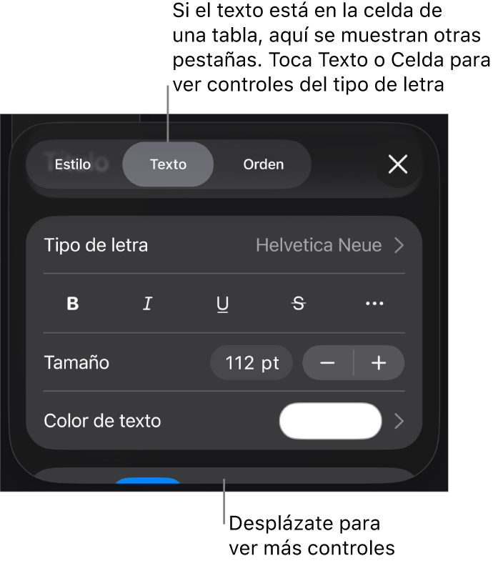 Controles de texto en el menú Formato para configurar los estilos de párrafo y carácter, tipo de letra, tamaño y color.