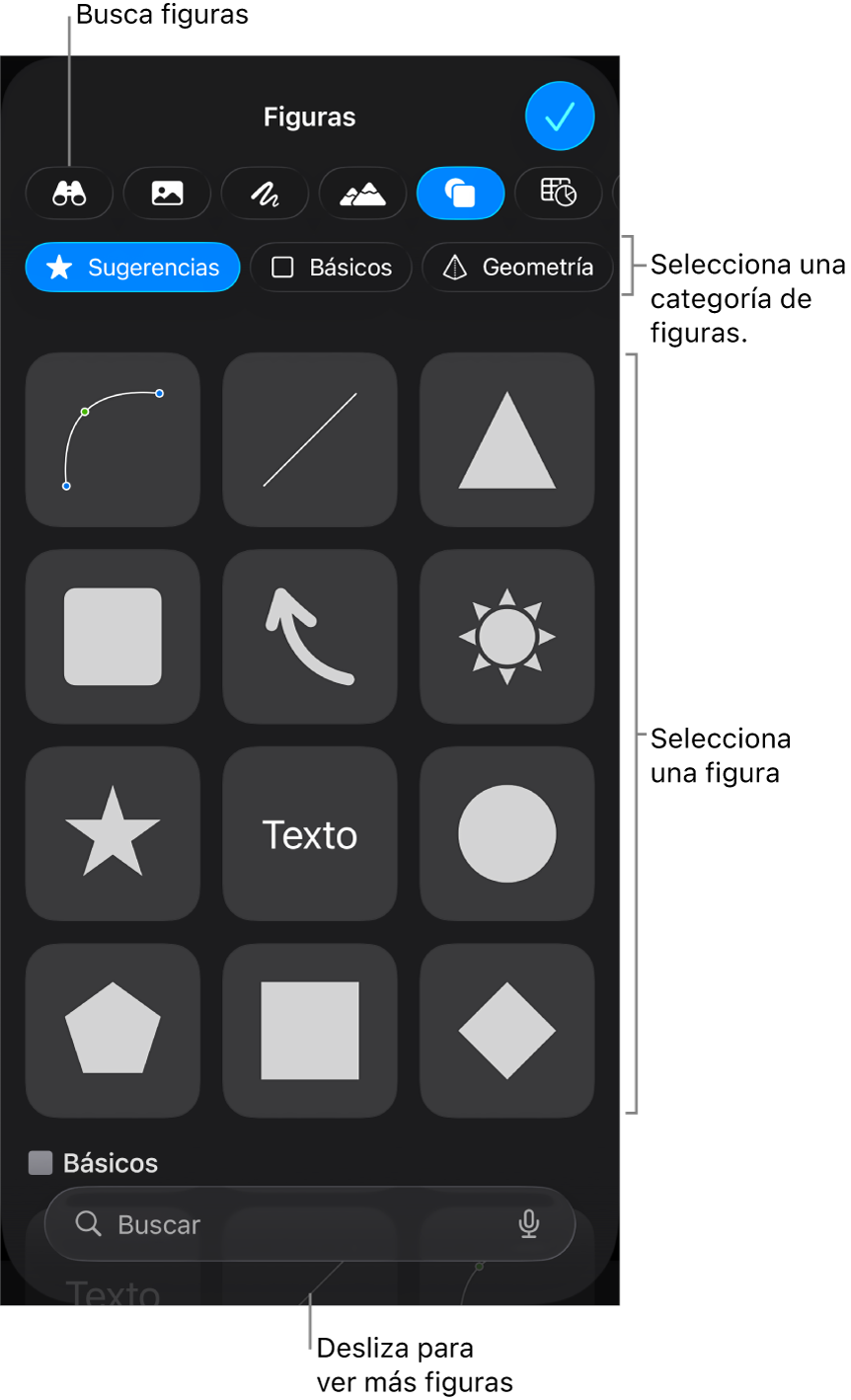 La biblioteca de figuras, con las categorías en la parte superior y las figuras mostradas abajo. Puedes usar el campo de búsqueda de la parte superior para buscar figuras o deslizar para ver más.