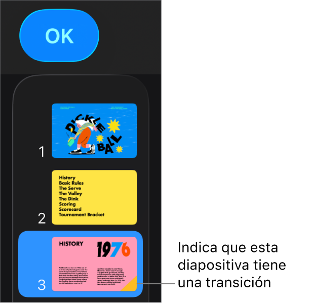 Un triángulo amarillo sobre una diapositiva indica que la diapositiva posee una transición.