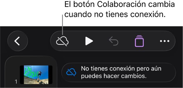 Los botones en la parte superior de la pantalla, donde el botón Colaboración cambió a una nube con una línea diagonal que la atraviesa. Una alerta en la pantalla muestra el mensaje: No tienes conexión pero aún puedes hacer cambios.