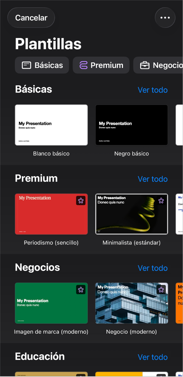 El selector de plantilla muestra una fila de categorías a lo largo de la parte superior en las que puedes tocar para filtrar las opciones. Debajo se encuentran miniaturas de plantillas prediseñadas organizadas por categoría.