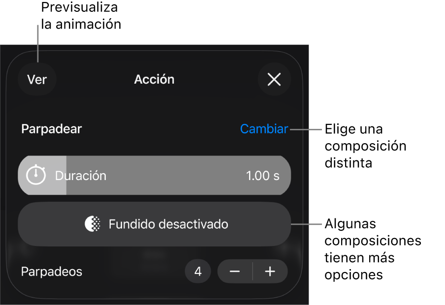 Las opciones de composición incluyen los tiempos de Duración e Inicio. Toca Cambiar para seleccionar una composición distinta, o toca Vista previa para obtener una vista previa de la composición.