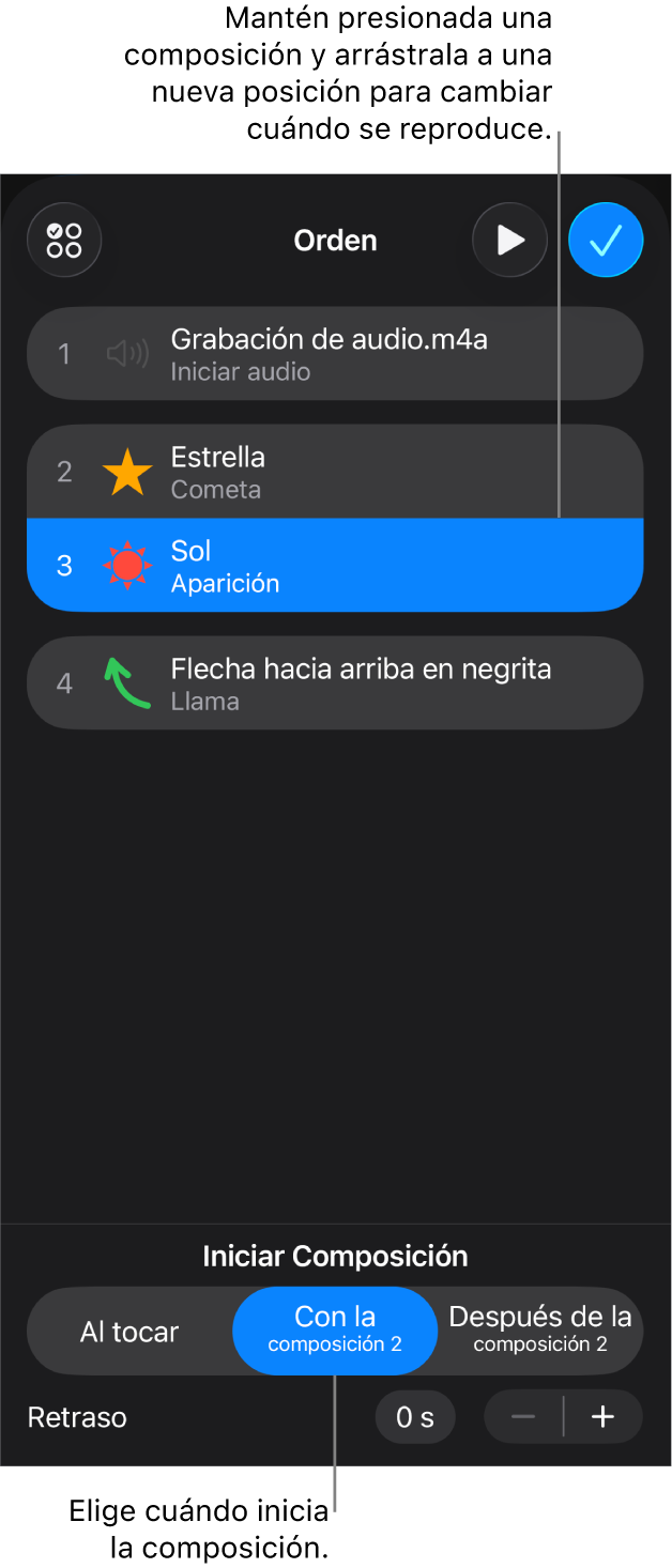 La lista Orden de composición mostrando los efectos de entrada con indicaciones amarillas y los de salida con indicaciones grises.