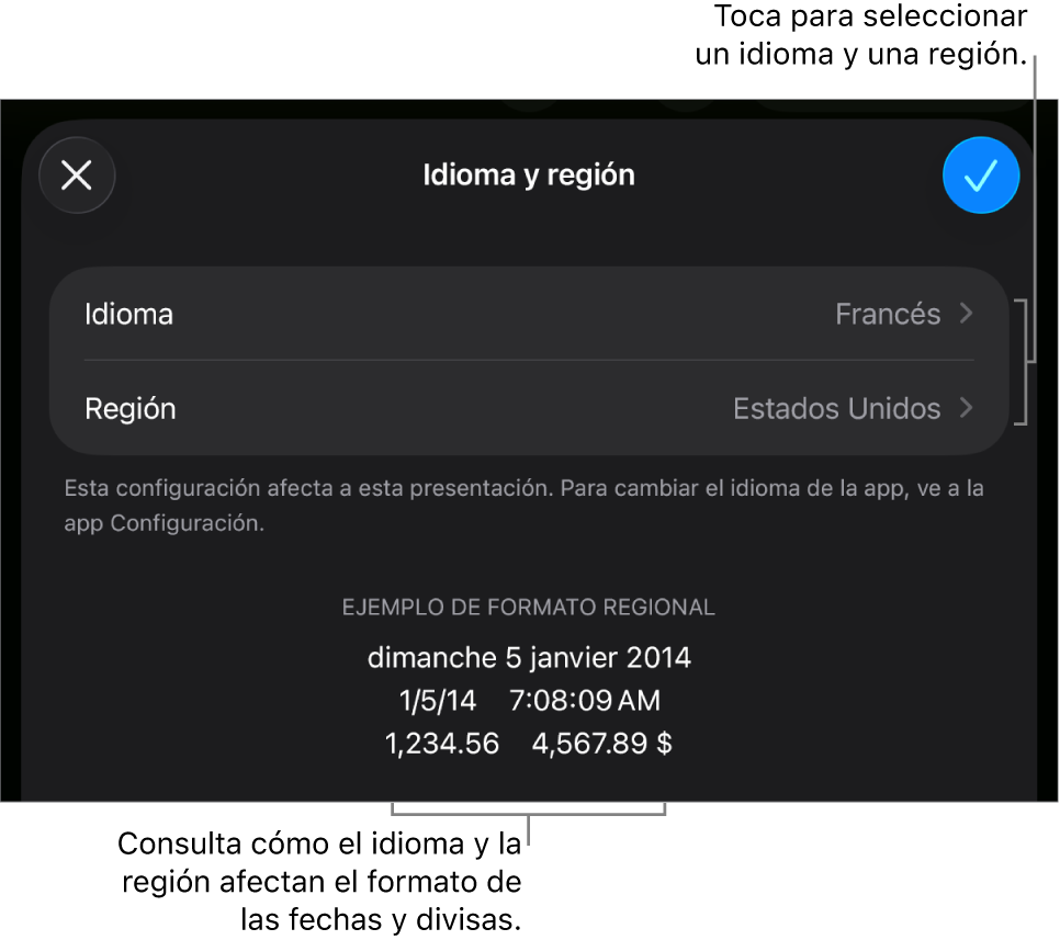 El panel Idioma y región con controles para el idioma y la región, y un ejemplo de formato que incluye una fecha, una hora, y formatos decimales y de moneda.