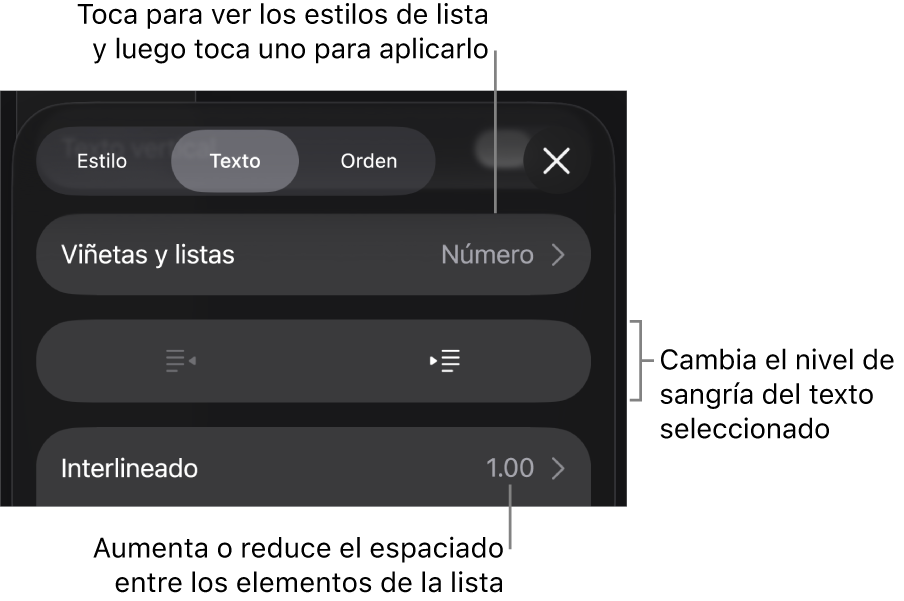 La sección Viñetas y listas de los controles de formato con texto que señala la sección Viñetas y listas, los botones de las sangría derecha o izquierda y controles de interlineado.