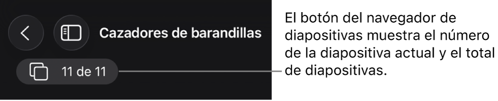 El botón del navegador de diapositivas mostrando el número de diapositiva actual y el número total de diapositivas en la presentación.
