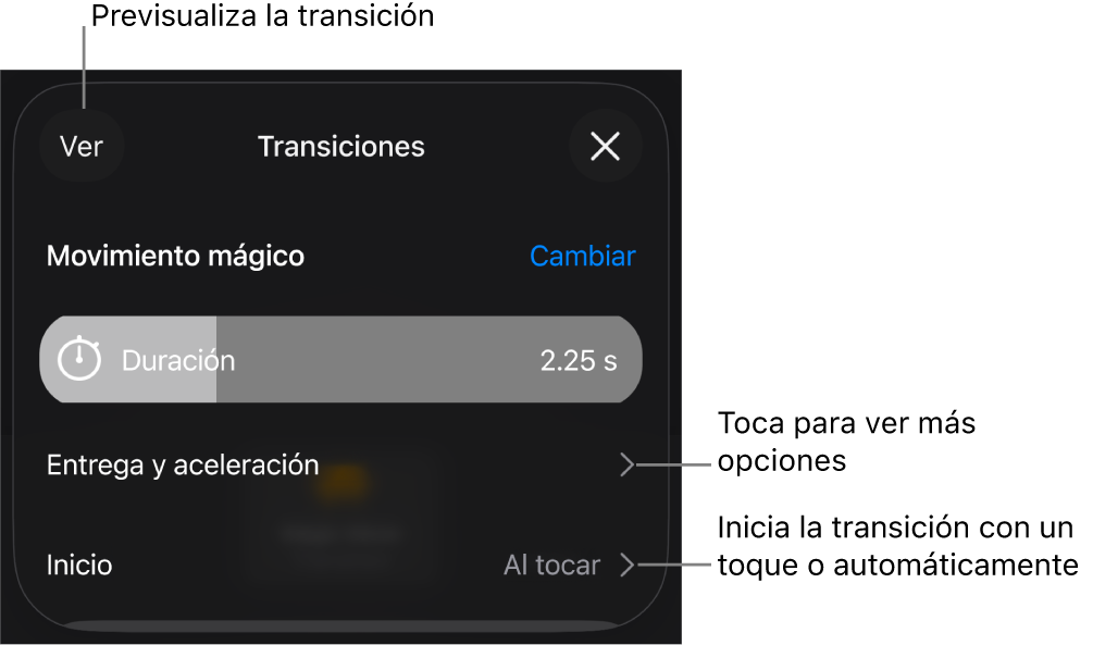 Controles de Movimiento mágico en el panel Transiciones.