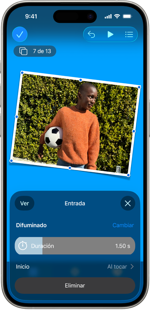 Controles de animación para la imagen que está seleccionada en la diapositiva. En la parte inferior de la pantalla se encuentran los controles que se usan para el efecto Entrada.