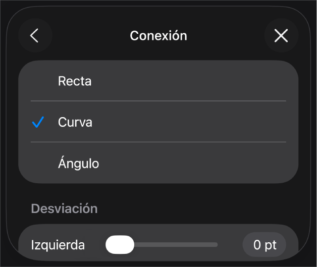 Los controles de Conexión con la opción Curva seleccionada.