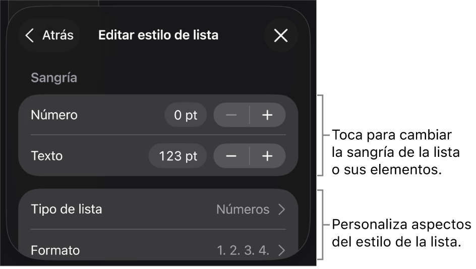 El menú Editar estilo de lista con controles para editar el tipo y aspecto de la lista.
