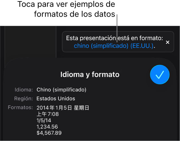 La notificación de la configuración de idioma y formato distinto, con ejemplos del formato en ese idioma y región.