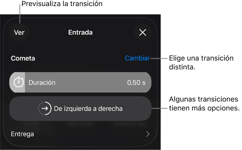 Controles del panel Opciones para modificar una transición.