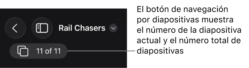 Botón del navegador de diapositivas con el número de la diapositiva actual y el número total de diapositivas del presentación.