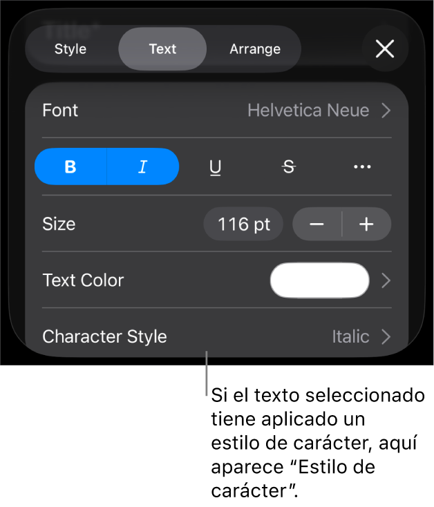 Los controles de formato de texto con “Estilos de carácter” debajo de los controles de color. El estilo de carácter Ninguno aparece con un asterisco.