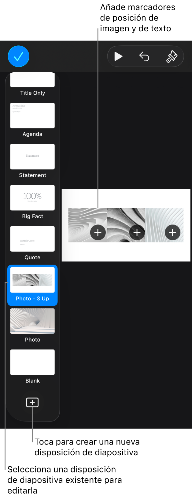 Una disposición de diapositiva en el lienzo de diapositivas con el botón “Añadir disposición de diapositiva” en la parte inferior del navegador de diapositivas.