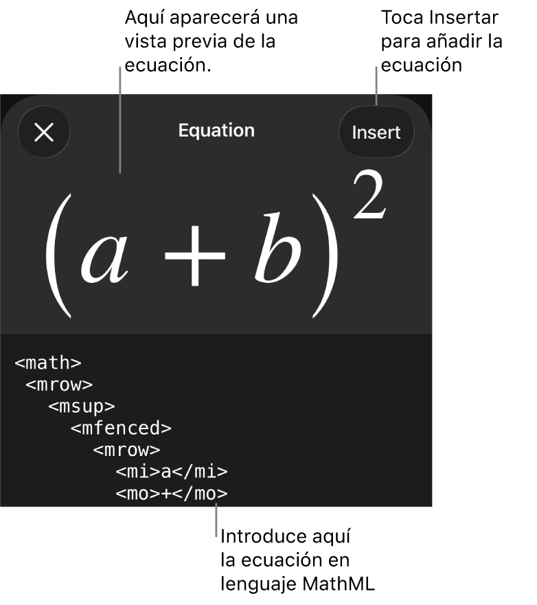 El diálogo Ecuación con una ecuación escrita con comandos de MathML y una previsualización de la fórmula encima.