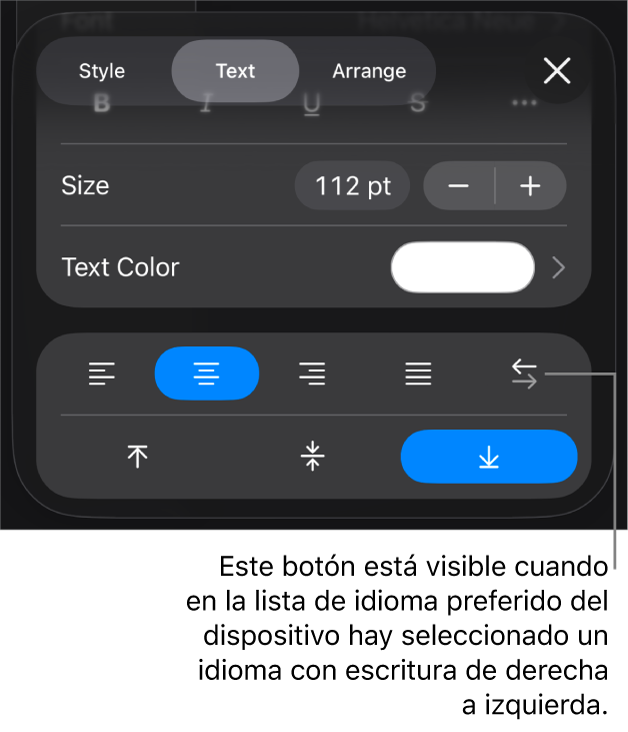 Controles de texto del menú Formato con una llamada al botón “De derecha a izquierda”.