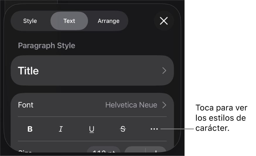 Los controles de Formato con los estilos de párrafo en la parte superior y, después, los controles de “Tipo de letra”. Debajo de “Tipo de letra” están los botones Negrita, Cursiva, Tachado y “Más opciones de texto”