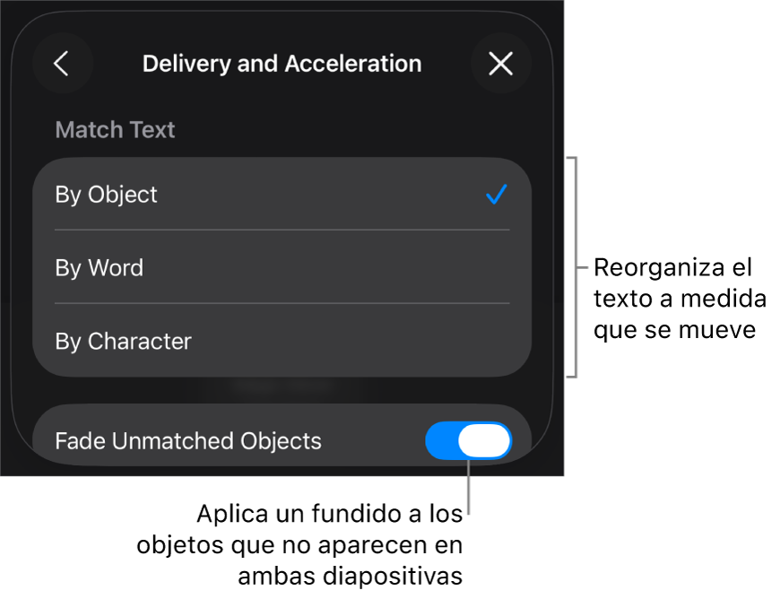 Opciones de entrega y aceleración de “Movimiento mágico” en el panel Aceleración.