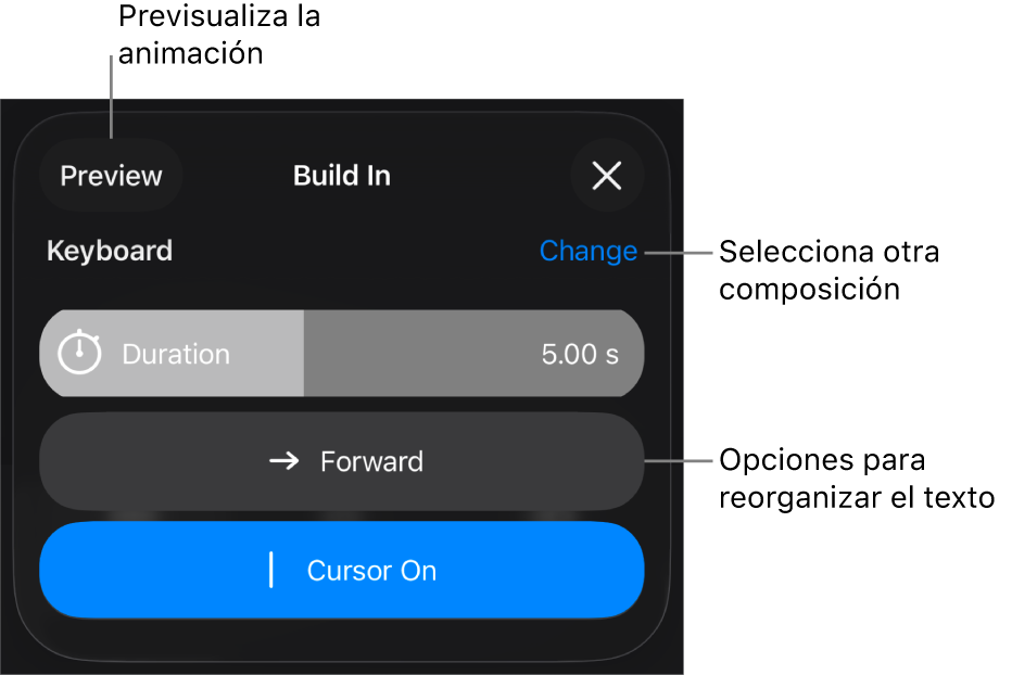 Las opciones de composición incluyen Entrada, Animación del texto y Entrega. Toca Cambiar para seleccionar otra composición o toca Previsualización para previsualizar la composición.