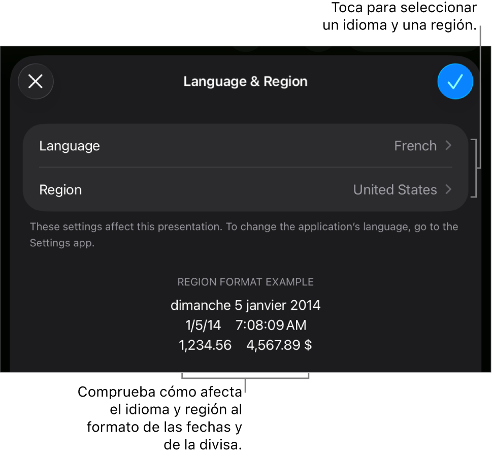 Panel “Idioma y región” con controles para el idioma y la región, y un ejemplo de formato que incluye la fecha, la hora, los decimales y la divisa.