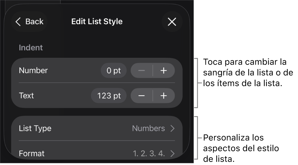 Menú “Editar estilo de lista” con controles para editar el tipo de lista y su apariencia.