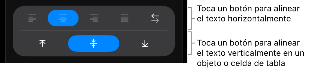 Botones de alineación horizontal y vertical para el texto.