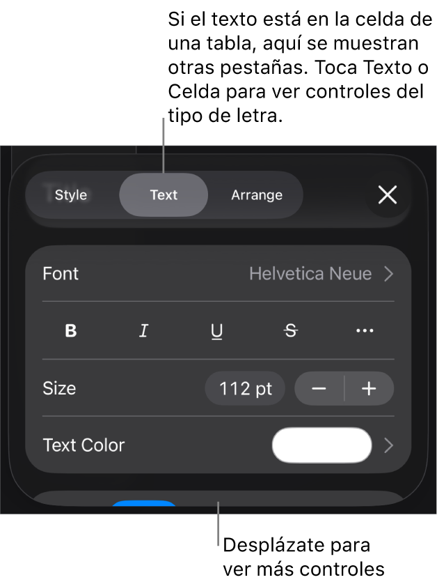 Controles de texto en el menú Formato para configurar los estilos de párrafo y carácter, tipo de letra, tamaño y color.